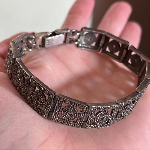 Antique 1920's Art Deco Sterling Silver Marcasite Flapper Bracelet - Picture 15 of 17